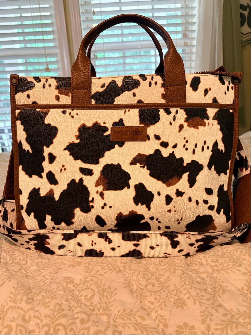 Wrangler Brown and White Cowhide Print Messenger Bag